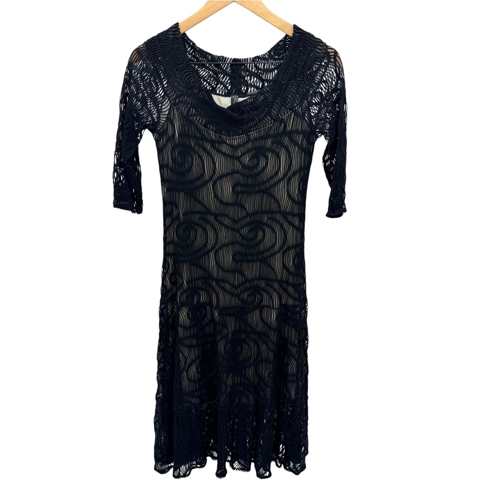 Elana Kattan Dress Small Black Nude Illusion Mesh Lace Swirl Goth Whimsical USA